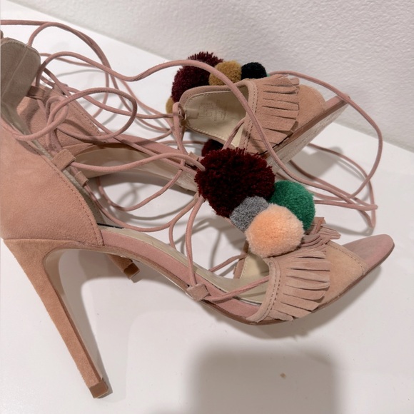 ZARA Suede Leather High Heel Lace Up Sandals With Pompoms - Picture 5 of 6